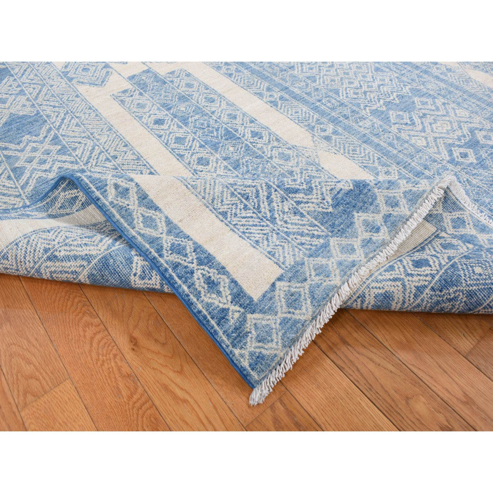 Medium Sapphire Blue, Pure Wool, Fine Peshawar Hand Knotted Rug, 7'10"x9'8"