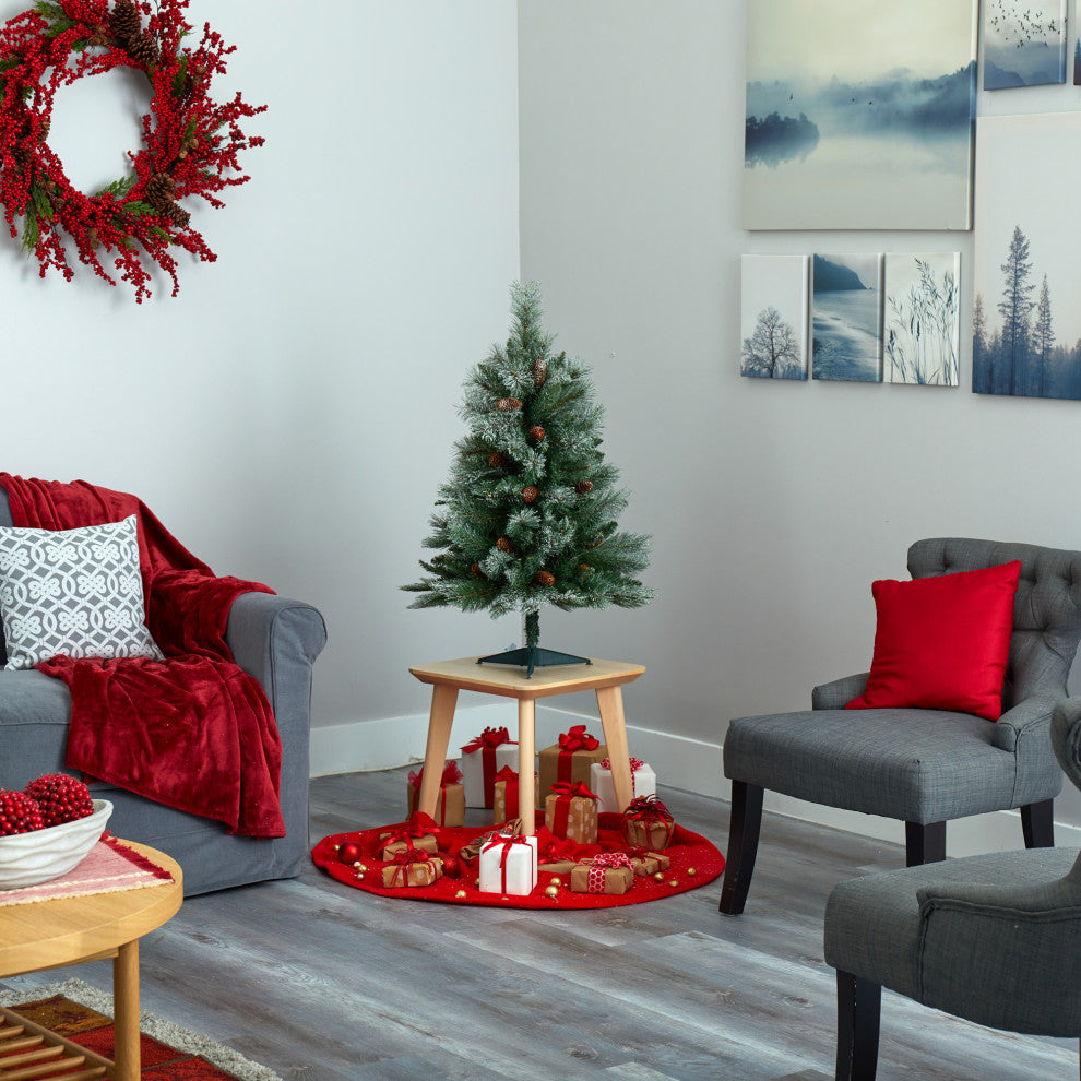 3' Snowed French Mountain Pine Faux Xmas Tree W/Bendable Branches & Pinecones