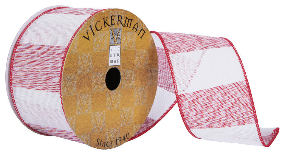 Vickerman Q201306 4"X10 Yard Red & White Heather Color Block Christmas Ribbon