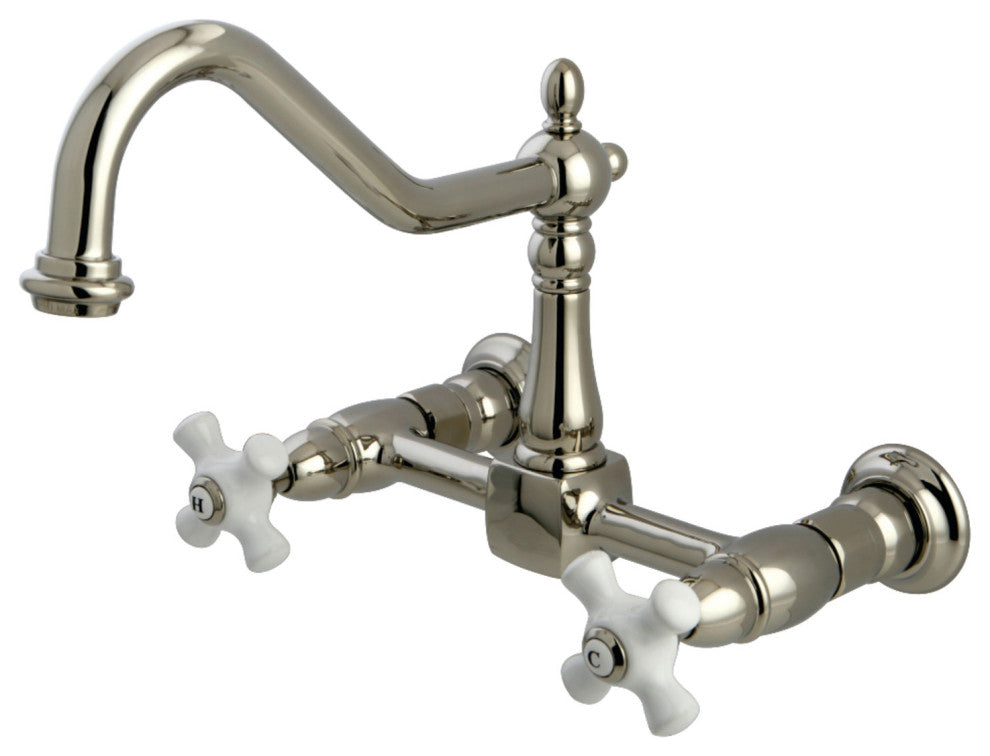 Kingston Brass Two-Handle Wall Mount Bridge Kitchen Faucet, Polished Nickel