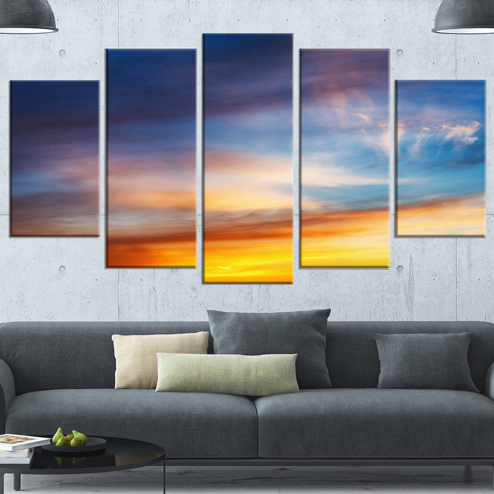 Sunset Dramatic Yellow Sky Clouds, Seashore Canvas Print, 60"x32", 5 Panels
