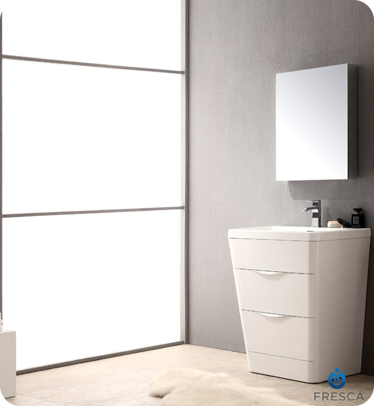 Milano 26" Glossy White Modern Bathroom Vanity, Free Faucet FFT1030BN