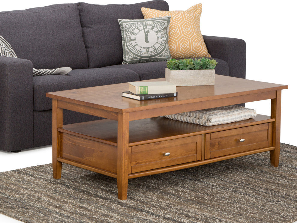 Warm Shaker Solid Wood 48 Inch Wide Rectangle Coffee Table In Light Golden Brown