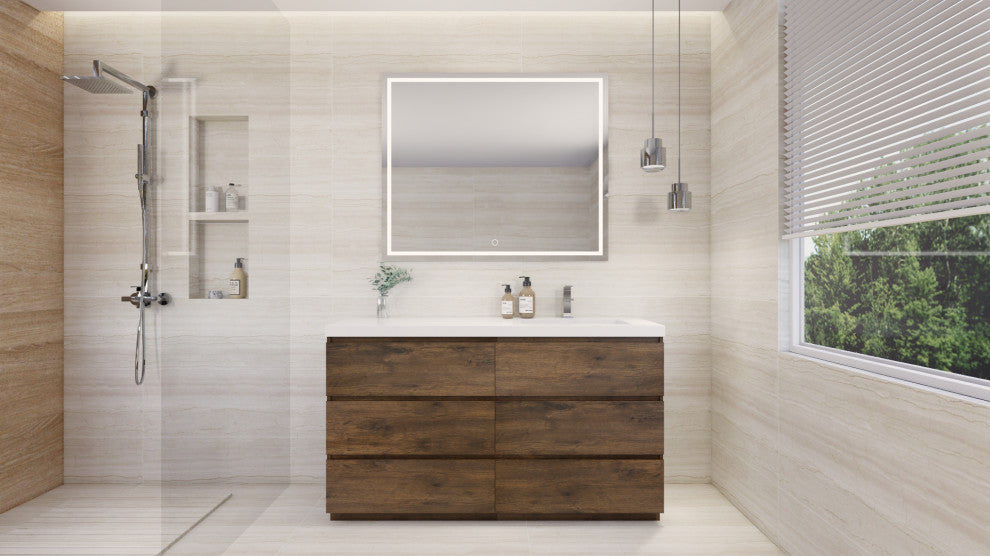 Alston 60" Free Standing Modern Vanity, Rosewood, Glossy White Top