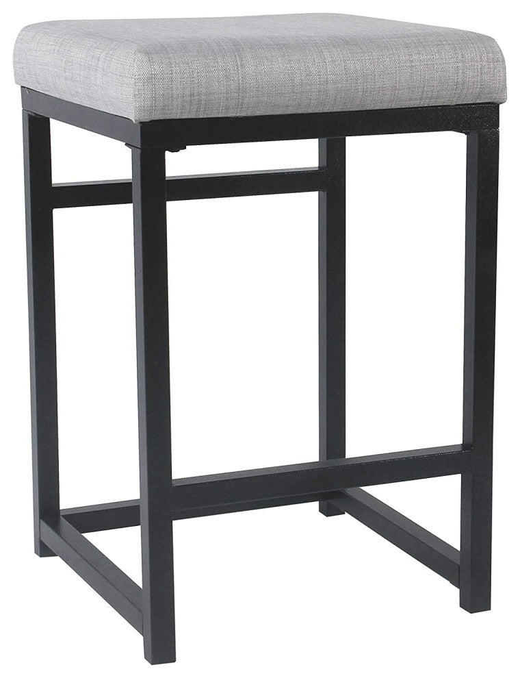 Open Back Metal Counter Stool With Fabric Upholstered Padded Seat, Gray & Black