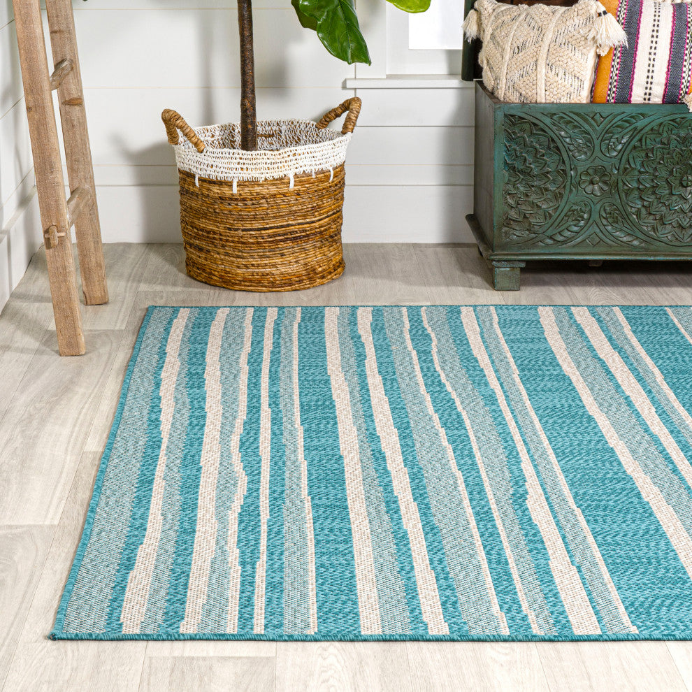 Castara Wavy Stripe Modern Indoor/Outdoor Area Rug, Aqua/Cream, 4x6