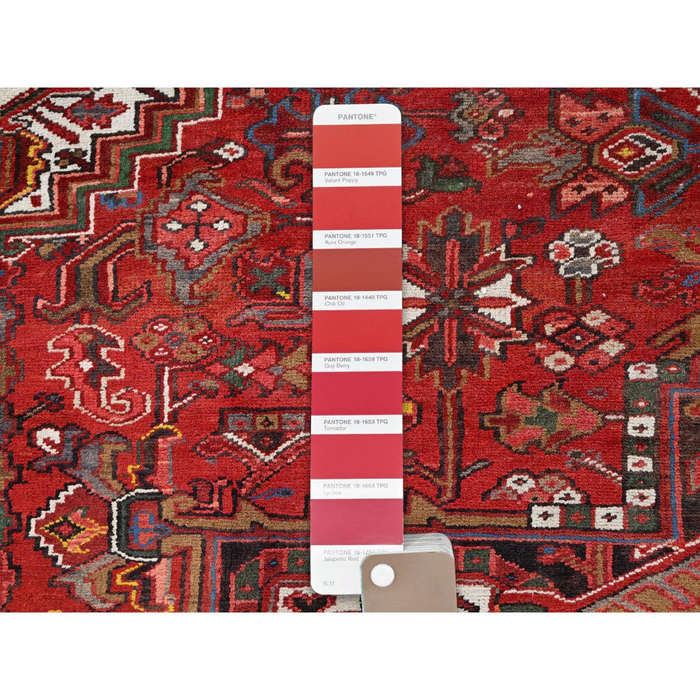 Imperial Red Semi Antique Persian Heriz Worn Wool Hand Knotted Rug 8'2"x11'3"