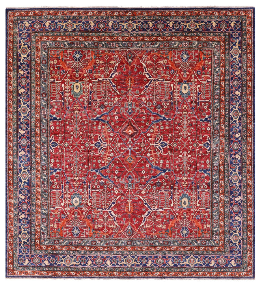 9' Square Hand Knotted Persian Fine Serapi Wool Rug - Q12436