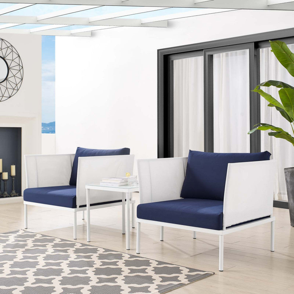 Lounge Chair Table Set, Sunbrella, Aluminum, Metal, White Blue Navy, Outdoor