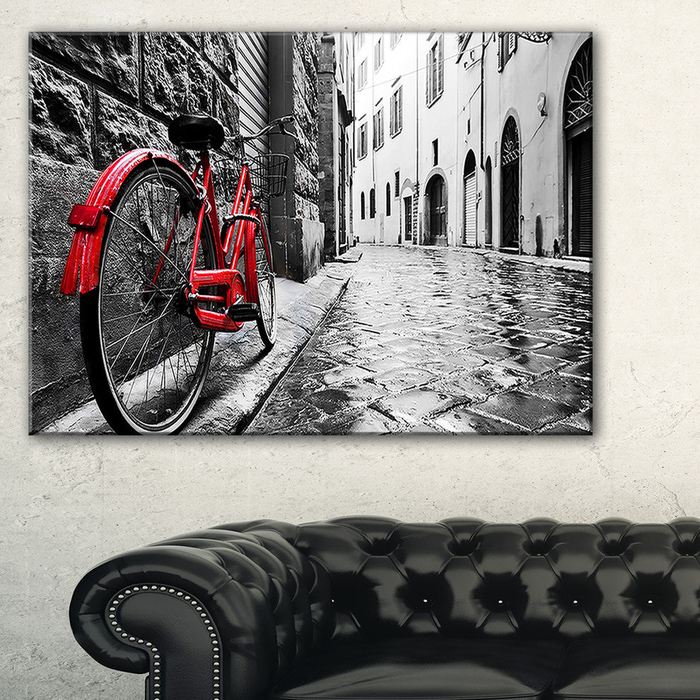 "Retro Vintage Red Bike" Cityscape Canvas Photo Print, 1 Panel, 60"x28"