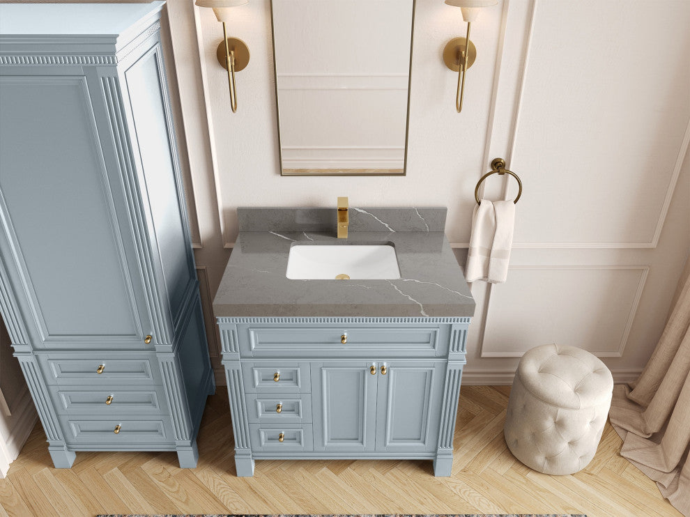 Paris 36" Center Sink Bathroom Vanity, Blue Heather 2" Piatra Gray