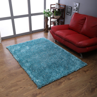 HAND TUFTED SHAG POLYESTER ECO-FRIENDLY AREA RUGS- Turquoise&White Color, Solid