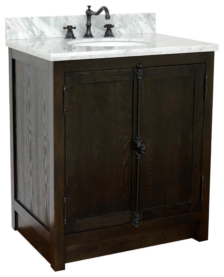 30" Single Vanity, Brown Ash, White Carrara Top, Oval Sink