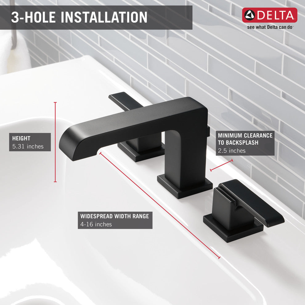 Delta Ara Two Handle Widespread Bathroom Faucet, Matte Black, 3567-BLMPU-DST