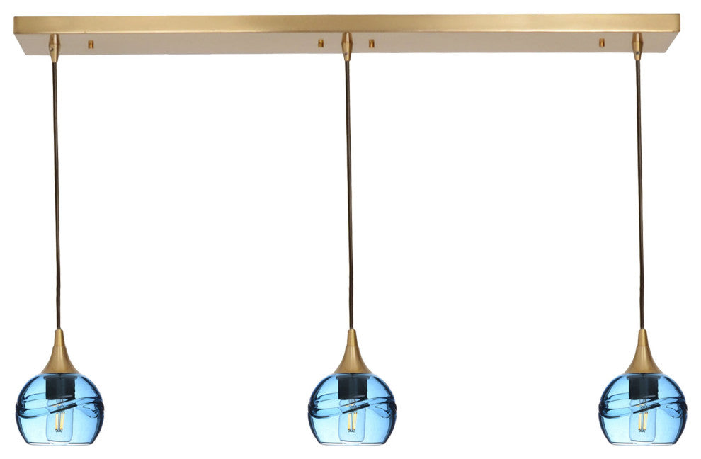 3 Pendant Linear Chandelier, Steel Blue, Polished Brass, 4 Watt