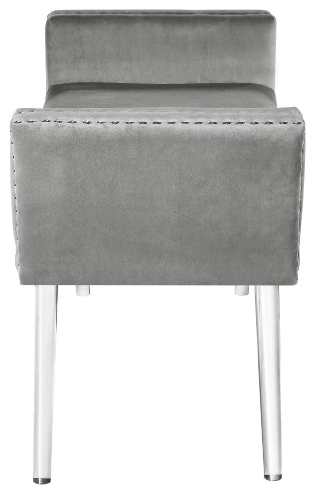 Minelly Velvet Modern Contemporary Nailhead Trim Acrylic Legs Bench, Gray