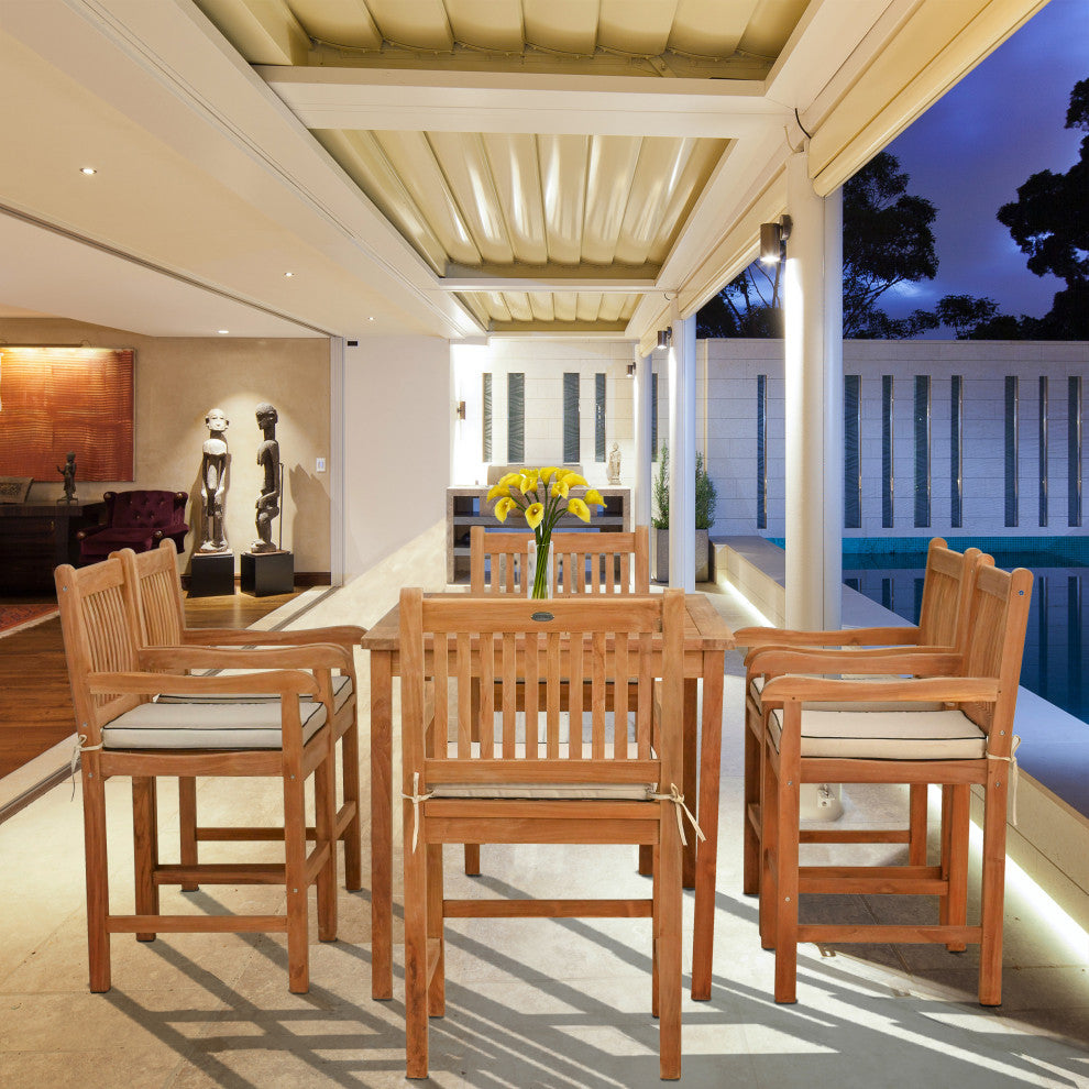 7 Piece Teak Elzas 71" Rect. Bistro Counter Set, 6 Counter Stools, Arms