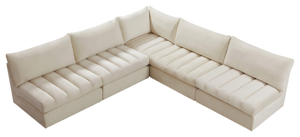 Jacob Velvet Upholstered 5-Piece L-Shaped Modular Sectional, Cream