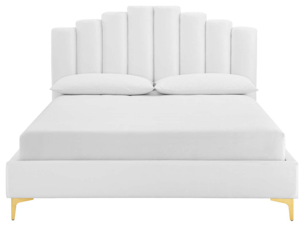 Platform Bed Frame, Queen Size, Velvet, White, Modern Contemporary, Bedroom