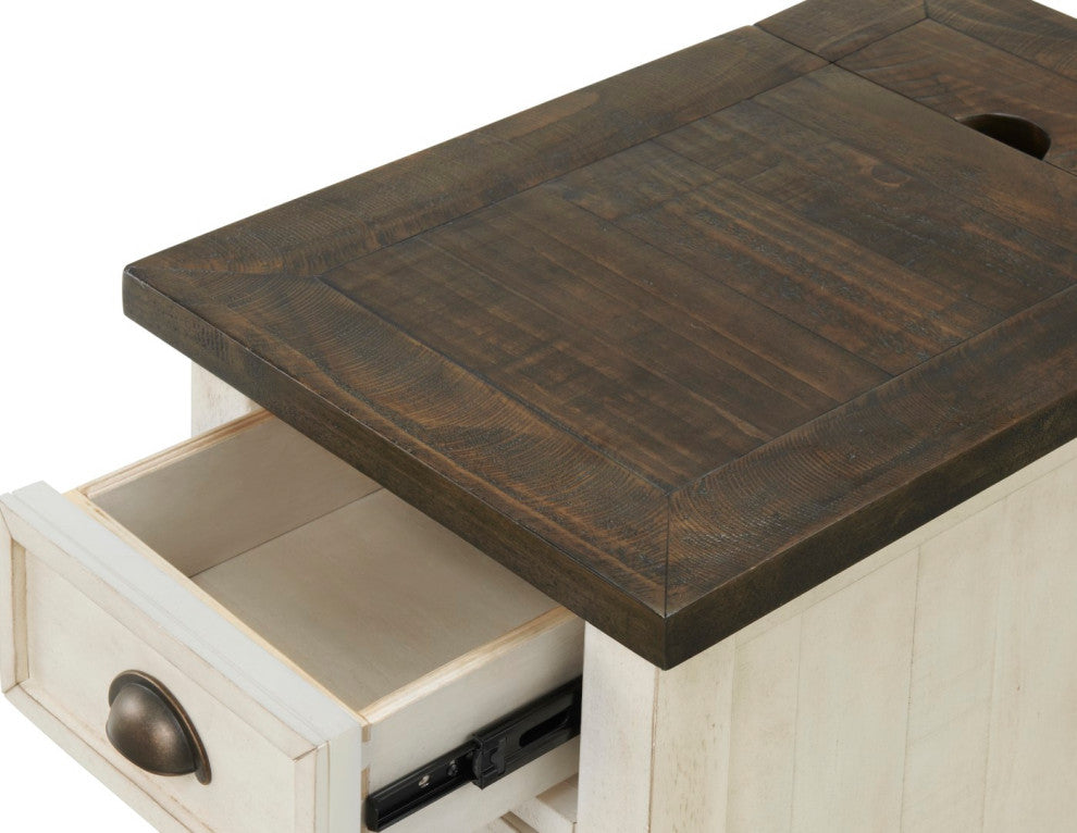 Monterey Chairside Table with USB and 3-prong Charging Station, Two-Tone Cream and Brown