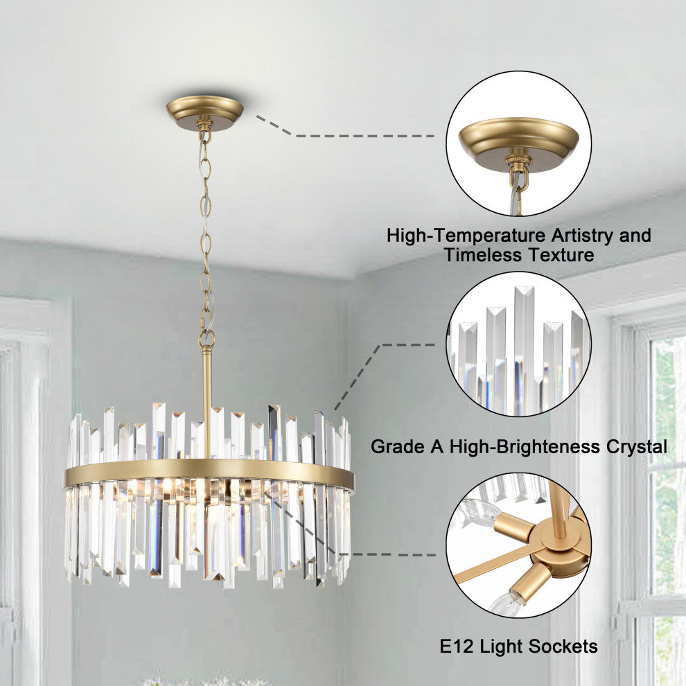 Eva 5-light Drum Crystal Glass Chandelier in Glossy Brass Finish