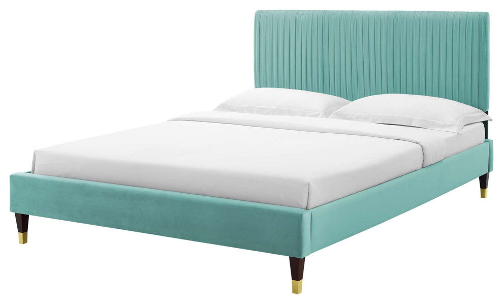 Platform Bed Frame, Twin Size, Velvet, Blue, Modern Contemporary, Bedroom Master