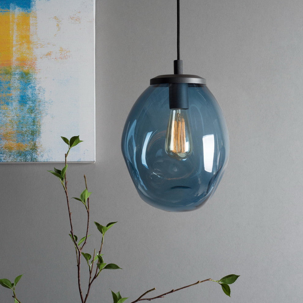 Pendant Light Handblown Glass Contemporary Hanging Light, Blue,12"