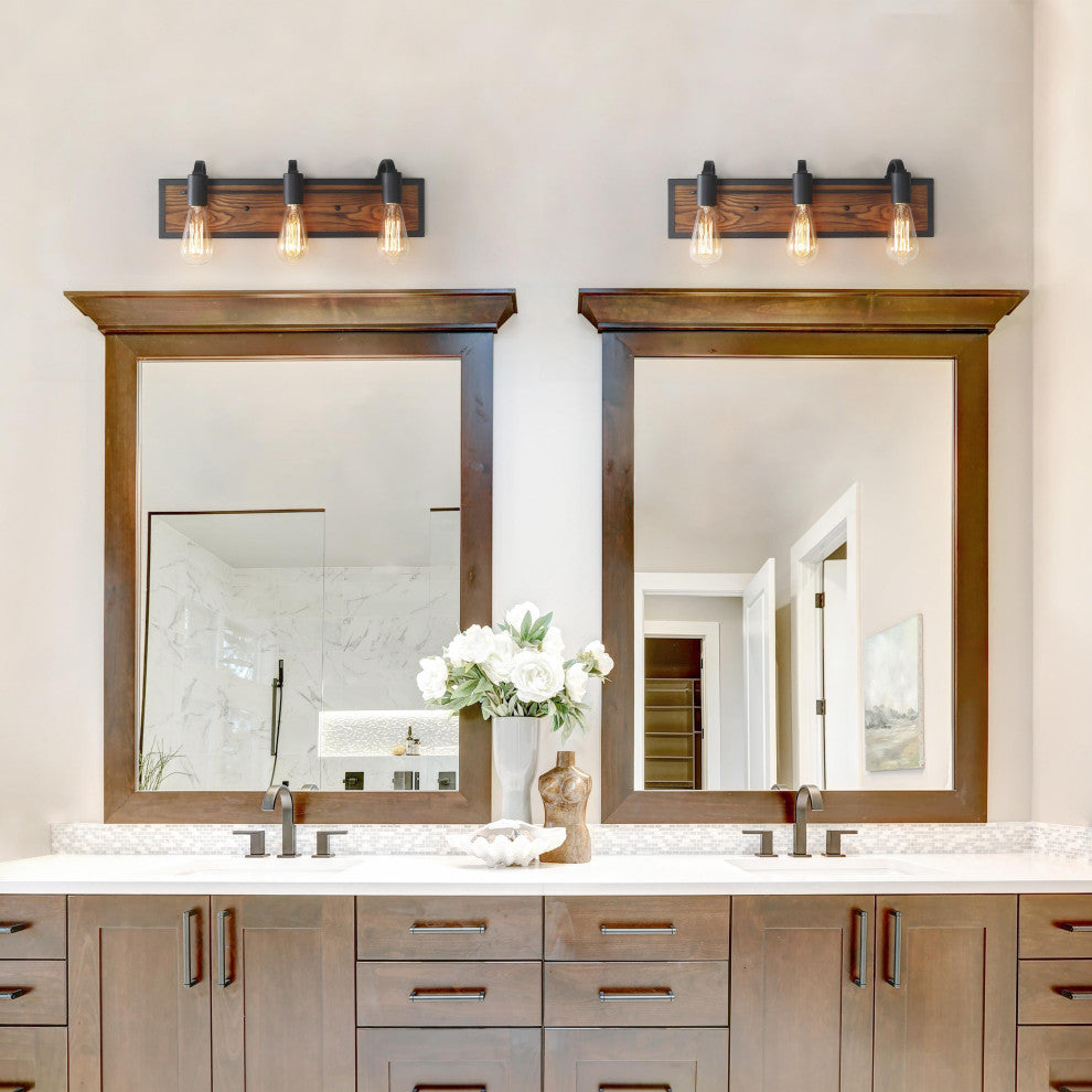 LALUZ 3-Light 21.3-in Wood Brown and Black Farmhouse Vanity Light Bar