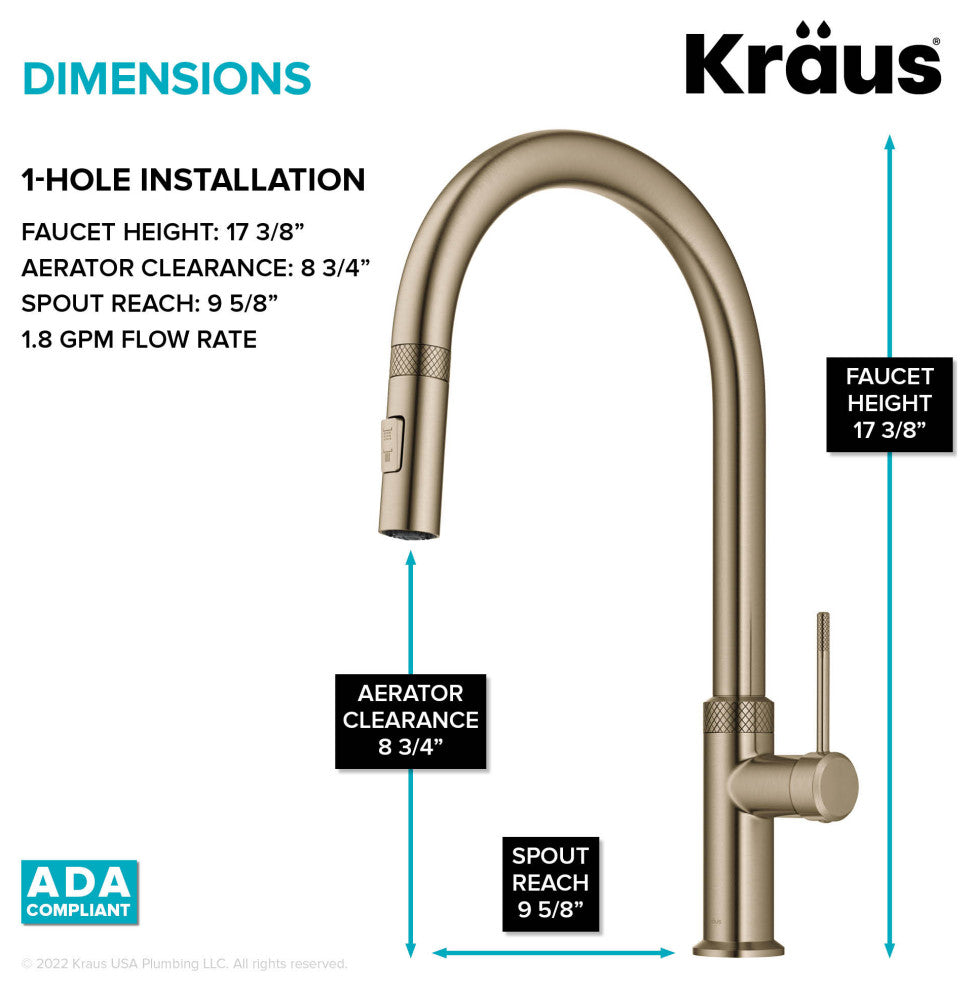 Oletto Pull-Down 1-Hole Kitchen Faucet, Brushed Gold, Model Kpf-2654bg