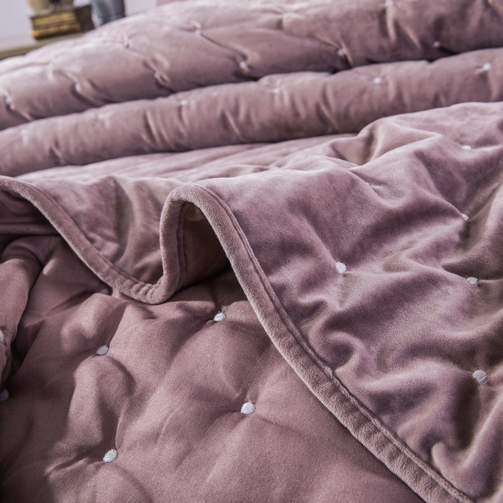 Mauve Velvet Diamond Tuft Bedspread Quilt Set, Queen