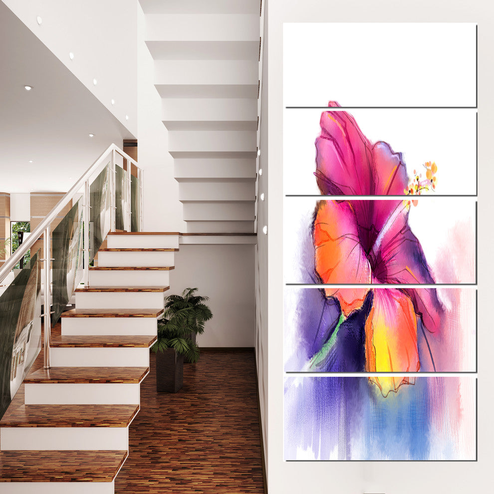 "Red Yellow Hibiscus Flower in Blue" Flower Wall Art, 5 Panels, 28"x60"