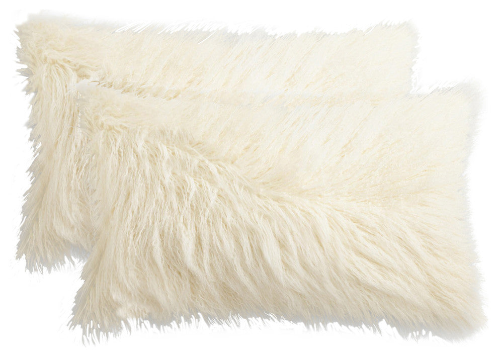 Frisco Mongolian Sheepskin Faux Fur Pillows, Set of 2, Stone White, 12"x20"