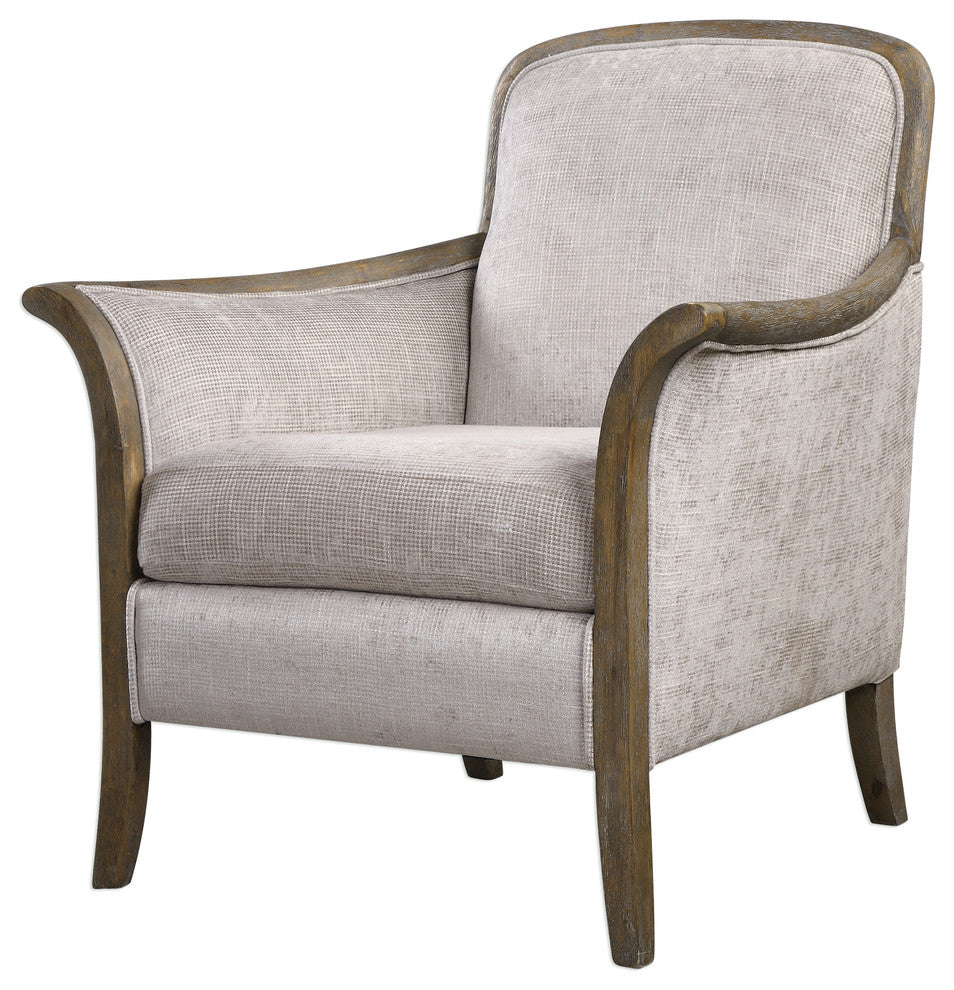 Weathered Exposed Wood Curved Arm Chair, Beige Taupe Living Room