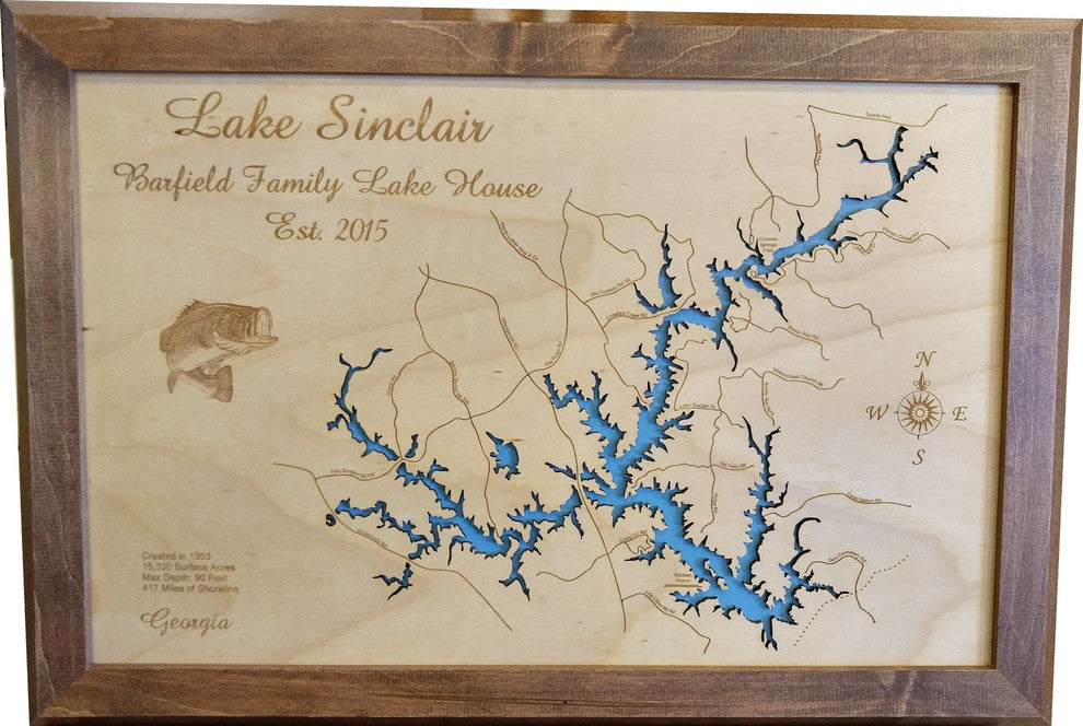 Lake Sinclair, Georgia-Wood Lake Map, Medium Framed