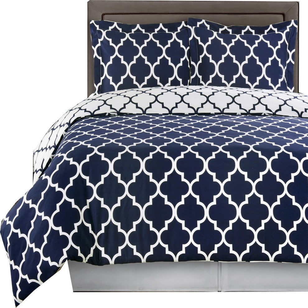 Meridian Cotton Printed Reversible Bed Set, Navy and White, Full