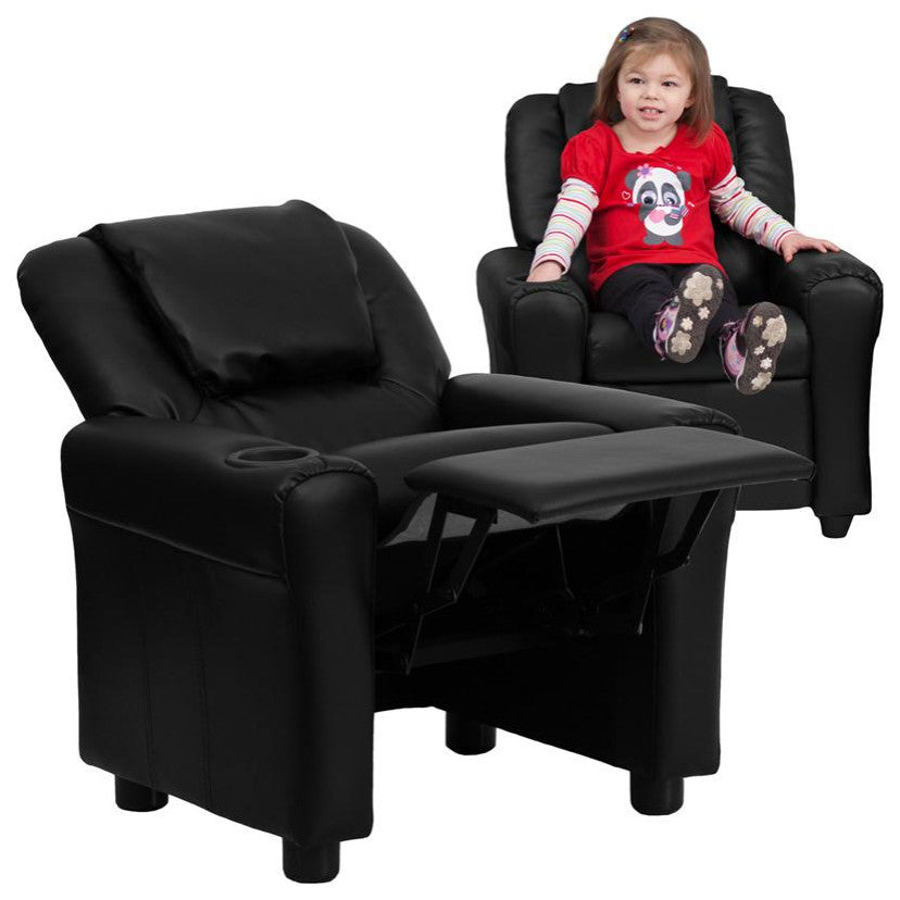 Contemporary Black Leather Kids Recliner With Cup Holder and Headrest