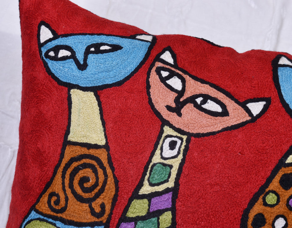 Red Cat Pillow Cover Kitty Face Cushions Wool Hand Embroidered Wool 18x18