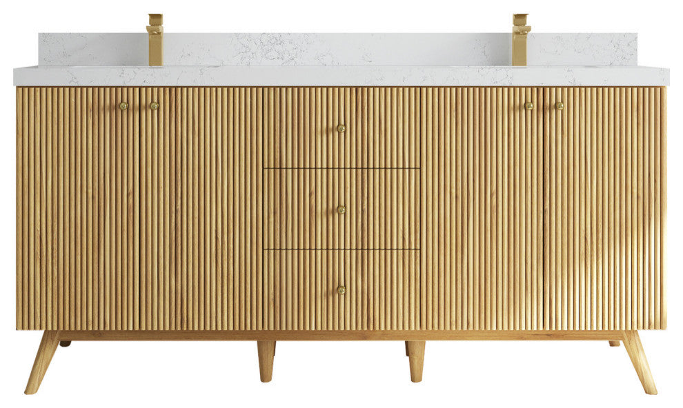 Pasadena 72 Double Sink Bath Vanity in Light Natural Teak 2" Empira White