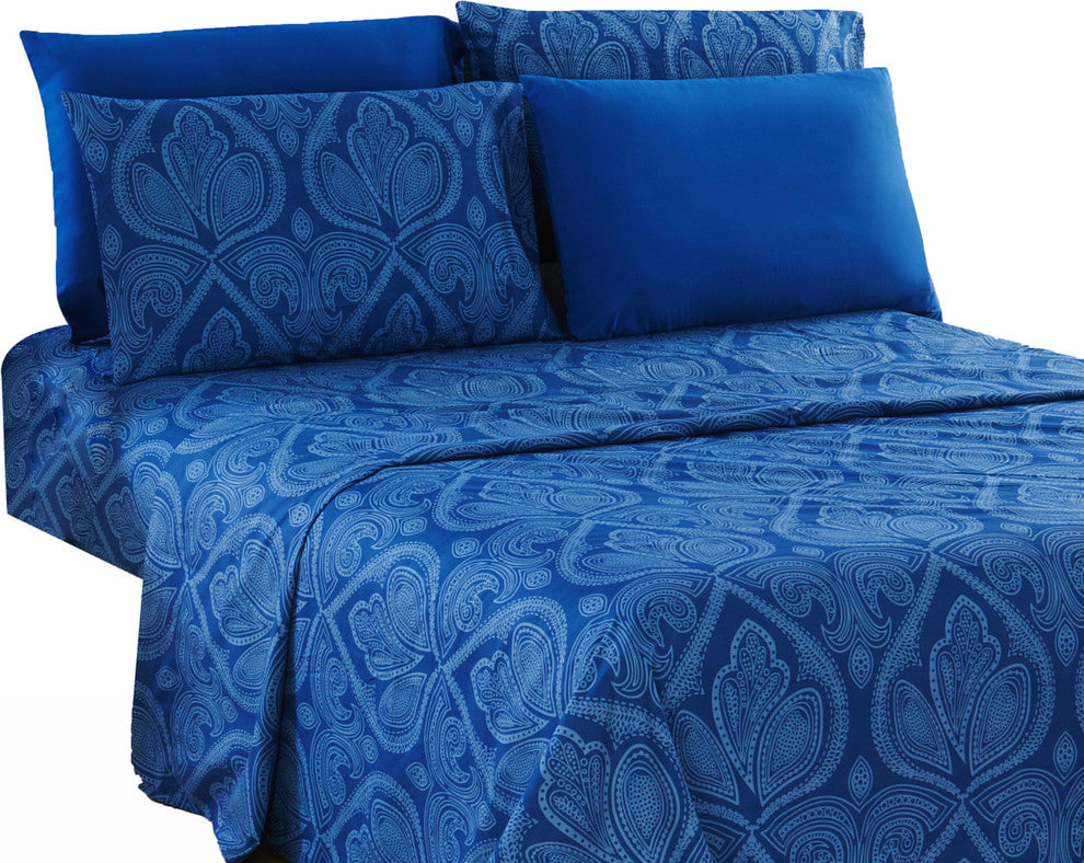 6 Piece: Luxury Paisley Printed Bed Sheet set, Twin 4 Piece, Navy Blue, Twin