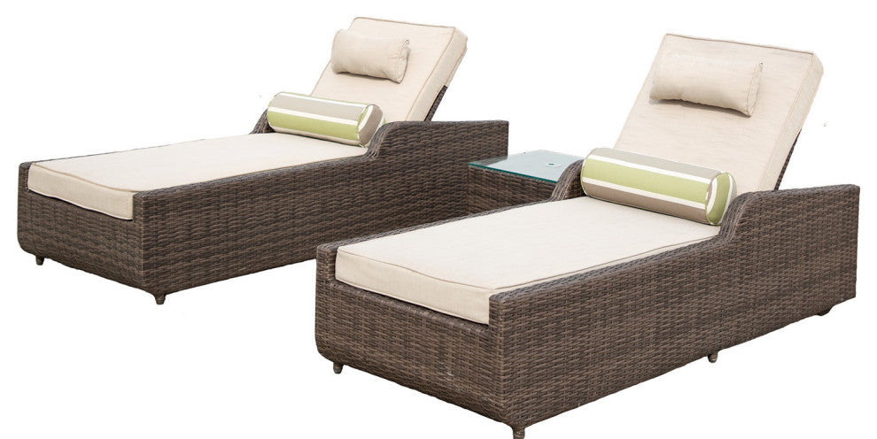78" Set of Two Brown Indoor Outdoor Chaise Lounge with Beige Cushion