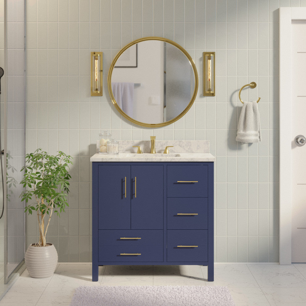 California 36" Bathroom Vanity, Royal Blue, Carrara Marble