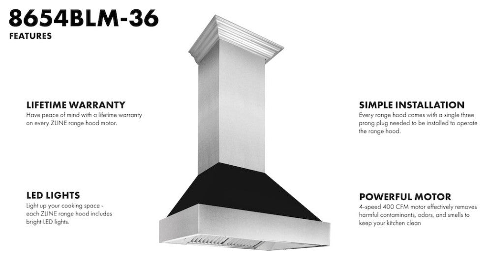 Ducted DuraSnow Stainless Steel Range Hood with Black Matte Shell