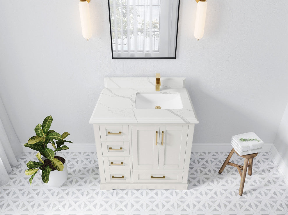 Boston 36" Right Offset Bath Vanity in Alabaster 1.5" Calacatta Laza