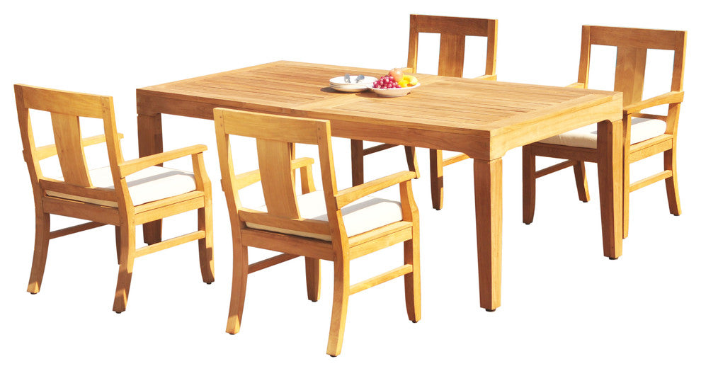 5-Piece Outdoor Teak Dining Set: 122" Extn Rectangle Table, 4 Osbo Arm Chairs