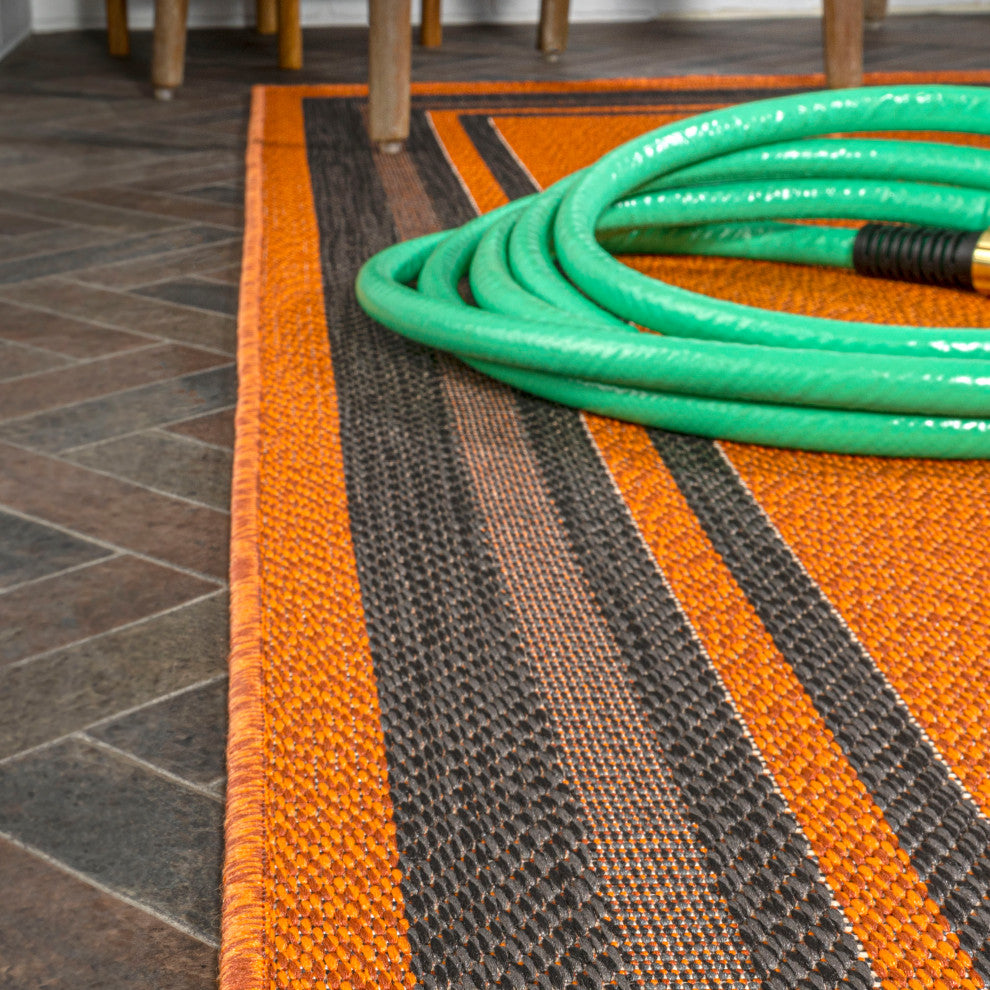 James Modern Border Stripe Indoor/Outdoor Area Rug, Orange/Dark Gray, 8x10