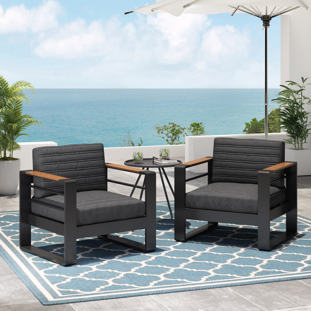 Neffs Outdoor Aluminum Club Chair With Faux Wood Accents, Black, Set of 2