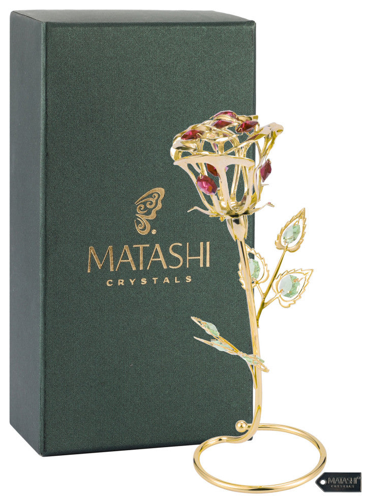 Matashi 24K Gold Plated Rose Flower Tabletop Ornament w Red Pink Green Crystals