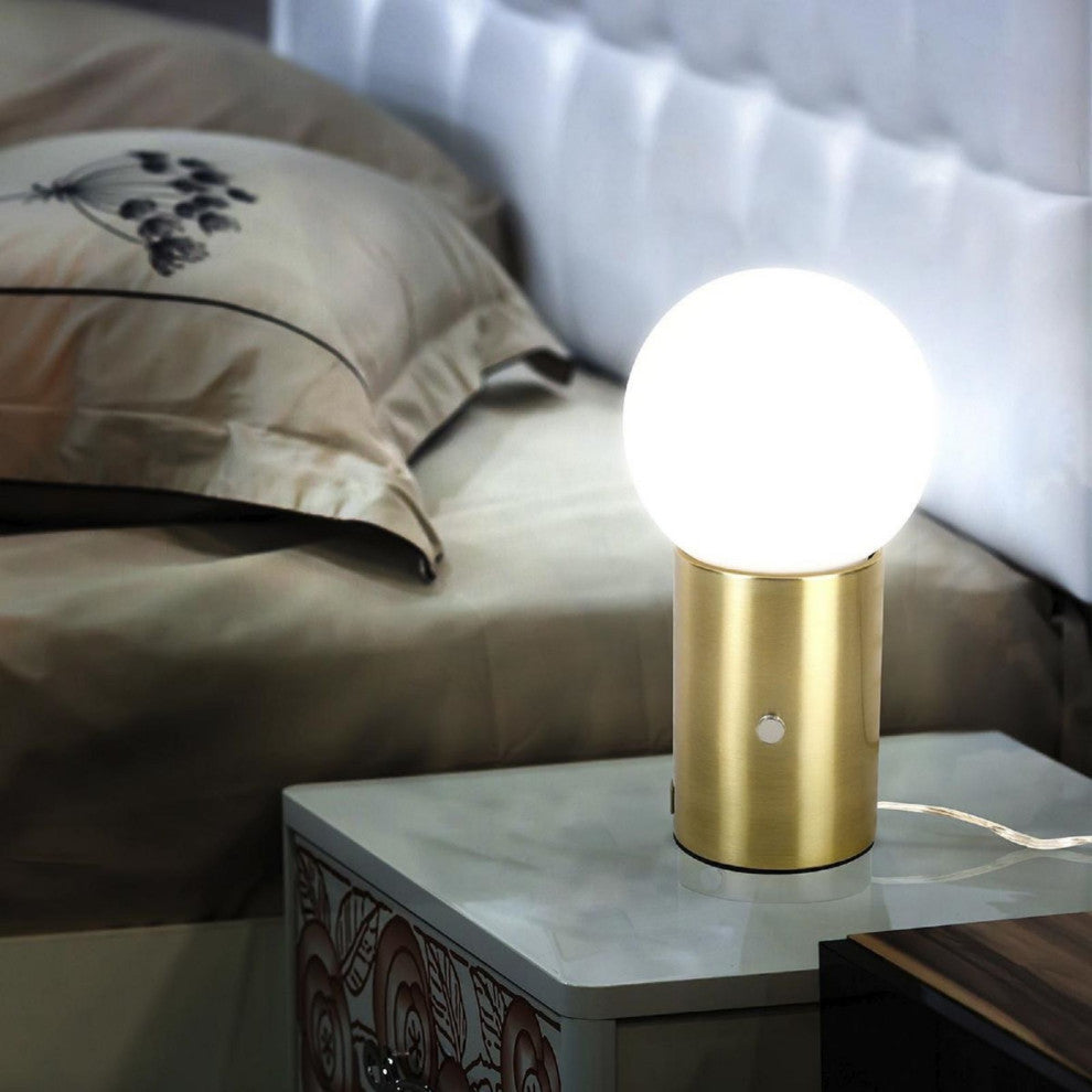 Brightech Kai LED Table Lamp with USB Port, Glass Globe Shade, Stunning Brass