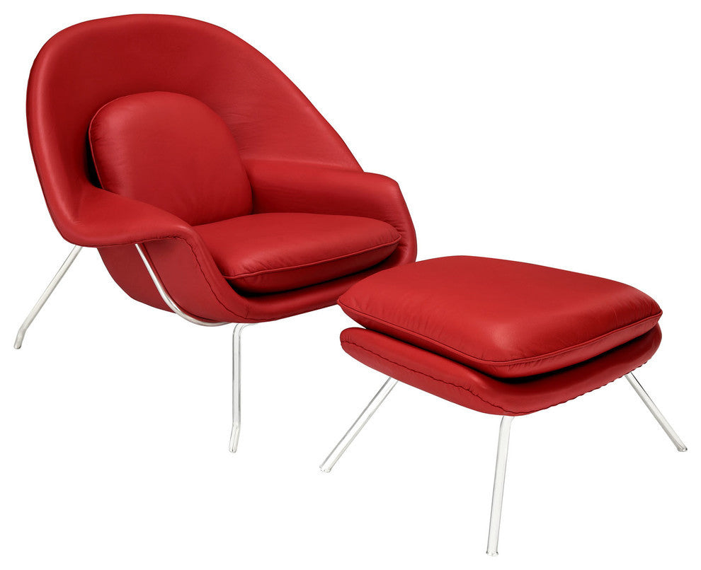 Modern Contemporary Living Room Leather Lounge Chair and Ottoman Red
