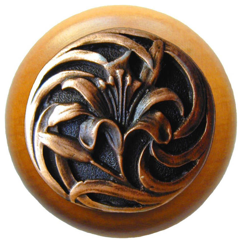 Tiger-Lily Maple Wood Knob, Antique-Style Copper